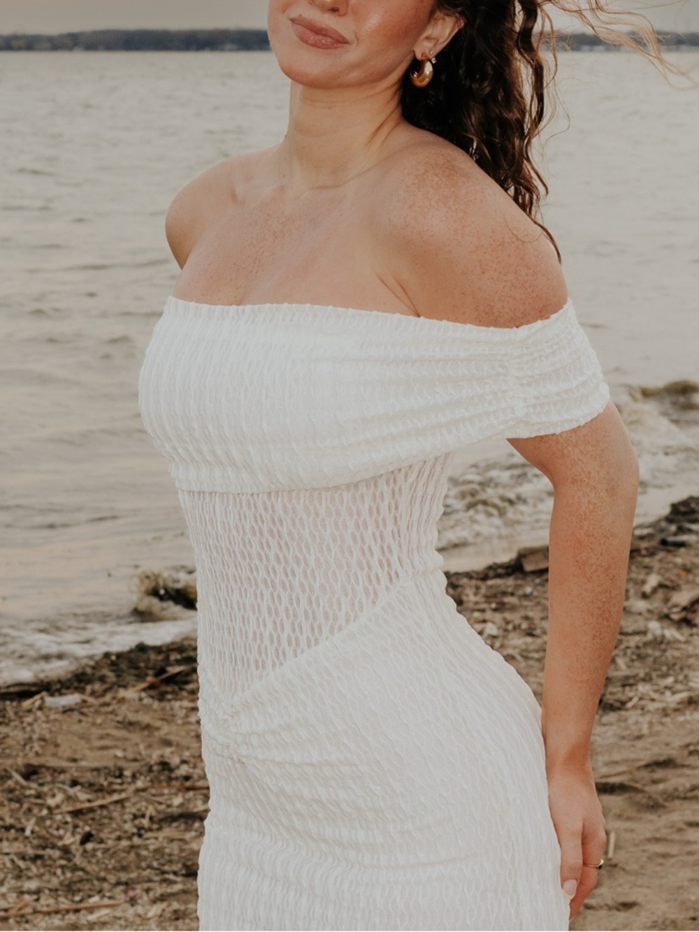 White Fox Cream White Off the Shoulder Maxi Dress